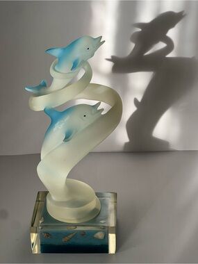 Blue and White Dolphin Sculptural Lucite Art -1 ft tall on clear acrylic base